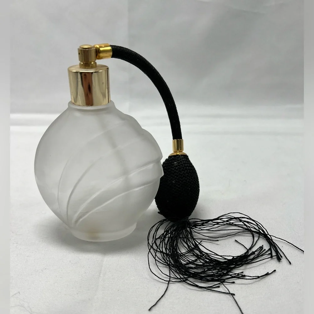 Vintage Frosted Swirl Glass with Black Pump Atomizer & Gold Accents (empty)